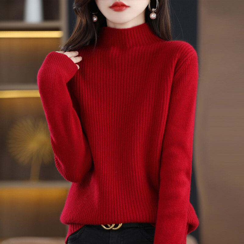 Sweater Women's Autumn Winter Pure Wool Thickened Pullover Half Turtleneck 2022 New Loose Lazy Style Knitted Bottoming Shirt Top