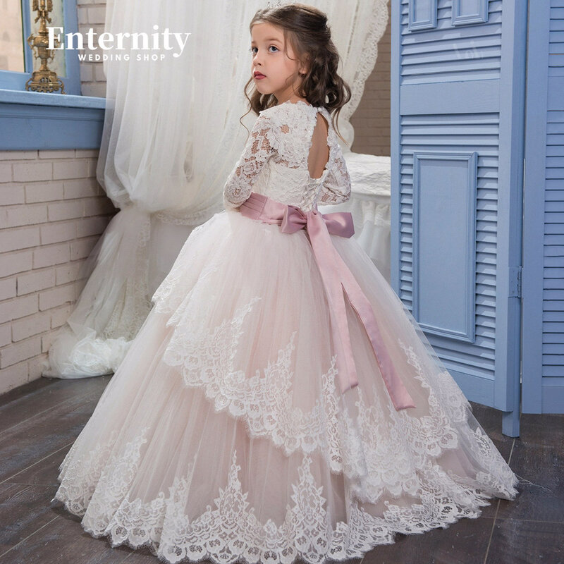 Princesse Enfant A-line gaun anak perempuan, motif bunga kerah o panjang selantai, gaun pesta sabuk applique renda punggung terbuka