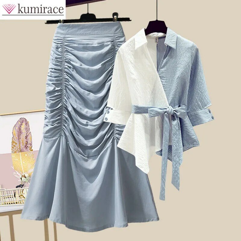 Spring/Summer Set Women's 2024 New Korean Edition Waist Slimming Shirt Top High Waist Fishtail Half Skirt Set