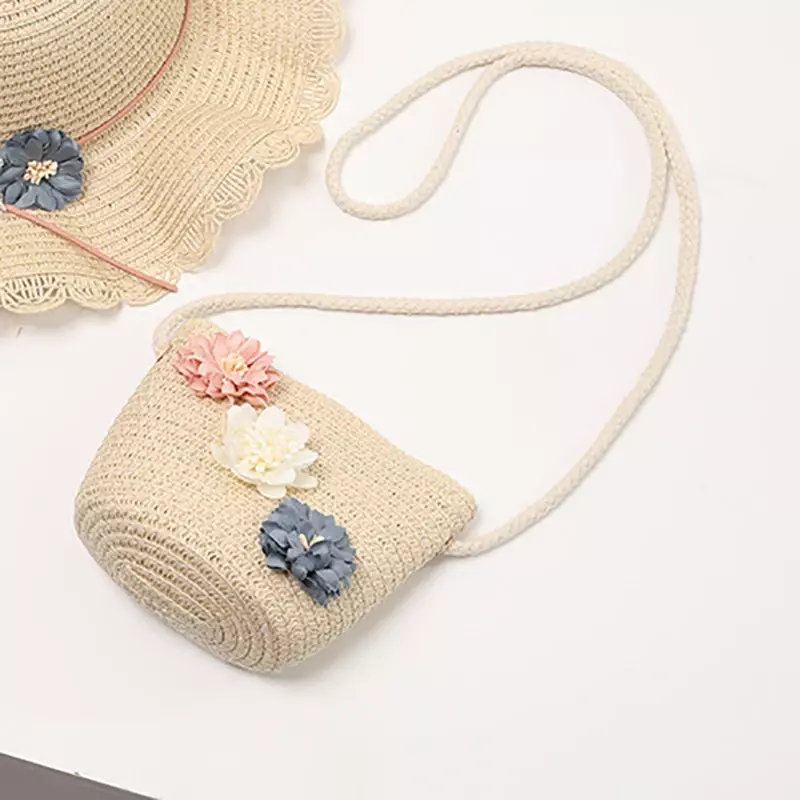 Mini sac à main en rotin fleuri pour fille, sacoche décontractée en paille d'été pour la plage, pour enfant