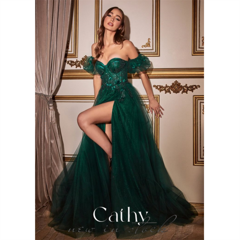 Cathy Elegant Heart Shaped Neck Tulle Prom Dress 2024 Sweet Puffy Sleeves Vestidos De Novia Sexy Side High Split robes de soirée