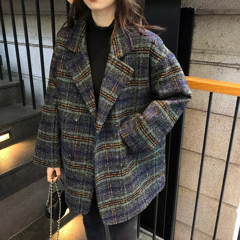Giacca di lana scozzese moda coreana donna autunno inverno caldo doppio petto capispalla femminile Vintage colletto rovesciato cappotto addensato