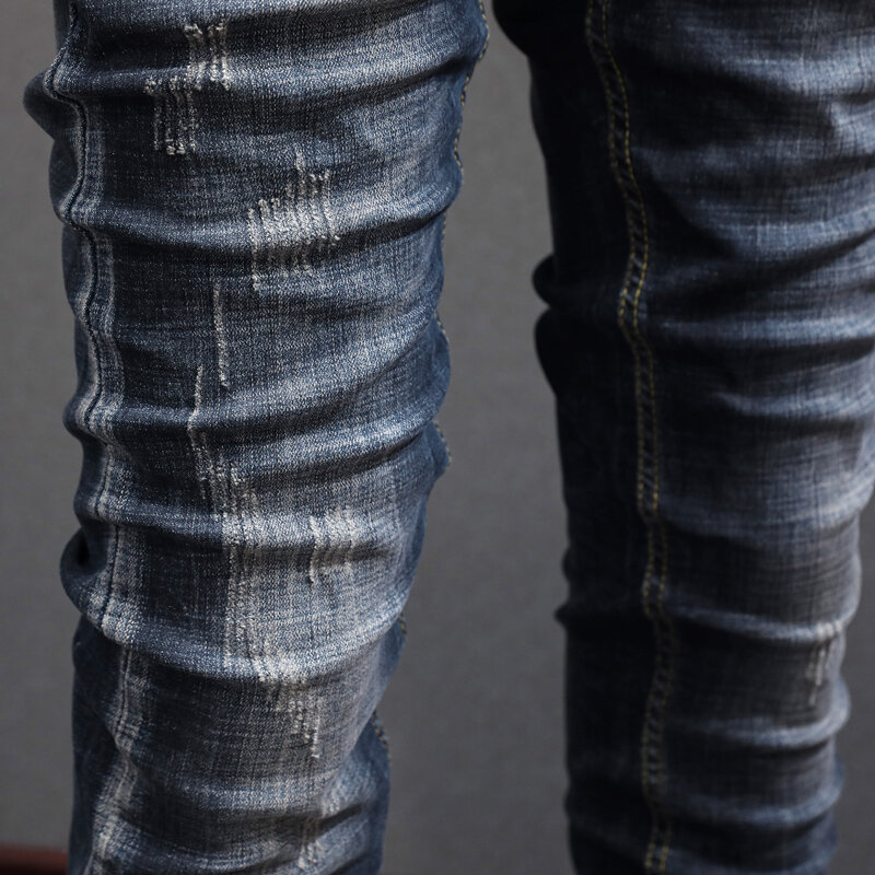 Jeans Pria Fashion Gaya Italia Jeans Sobek Pas Badan Elastis Hitam Biru Retro Kualitas Tinggi Celana Desainer Vintage Pria Hombre