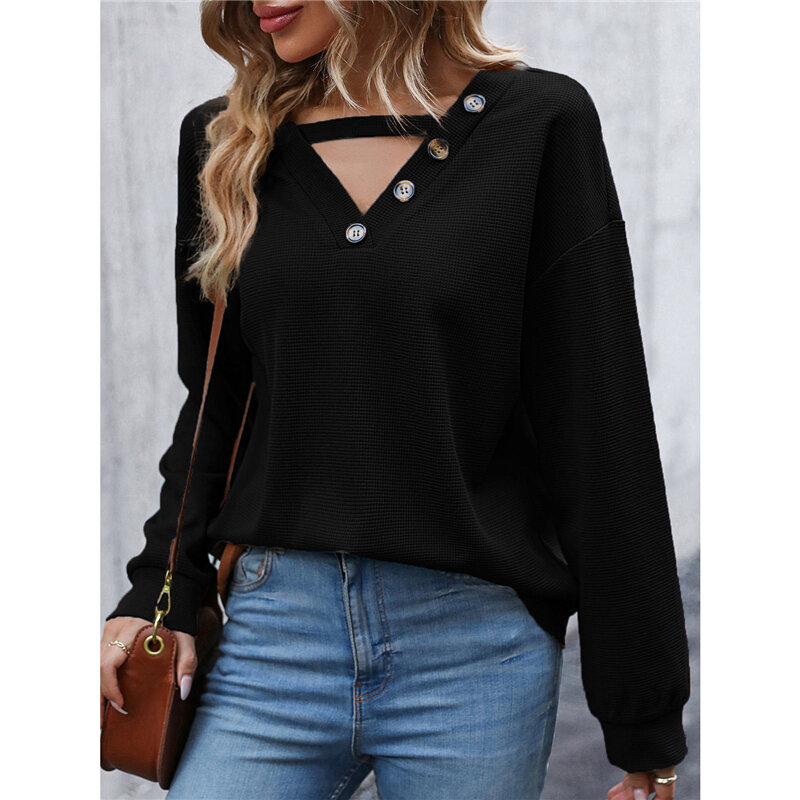 Womens Clothing Sexy Hollow Out V Neck Button Long Sleeve T-shirts Trendy Casual Streetwear Oversized Tees Y2K Female Solid Tops