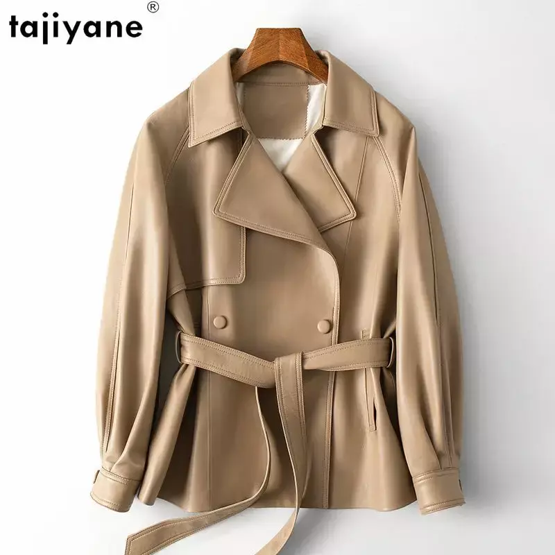 Tajiyane 여성용 진짜 가죽 재킷, 시크한 슬림 가죽 재킷, 우아한 레이스업 차케타, 정품 양가죽 코트, 고품질 100%