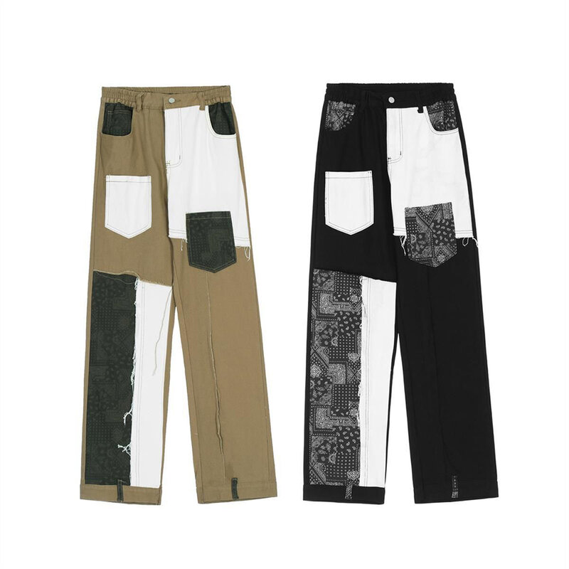 Прямые брюки в стиле хип-хоп для улицы, мужские американские модные комбинированные брюки контрастных цветов с широкими штанинами, дизайнерские спортивные повседневные брюки