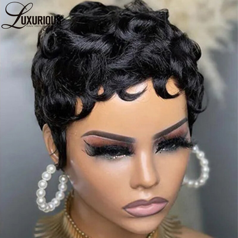 Wig pendek jahe potongan Pixie untuk wanita hitam wig keriting tanpa lem Burgundy wig rambut manusia Remy Virgin Brasil wig buatan mesin penuh