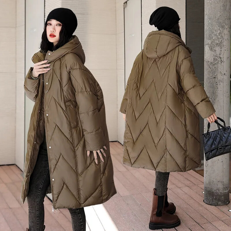 2024 New Solid Color X-Long Straight Winter Coat Women Parkas Clothes Casual Hooded Warm Jacket Female Puffer Parka Outerwear