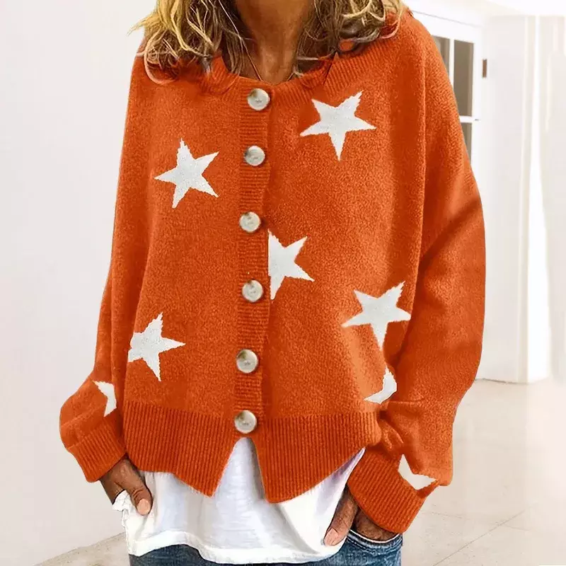 Camisola feminina de peito único com decote em v longo, cardigan estrela de cinco pontas, jaqueta feminina, outono e inverno