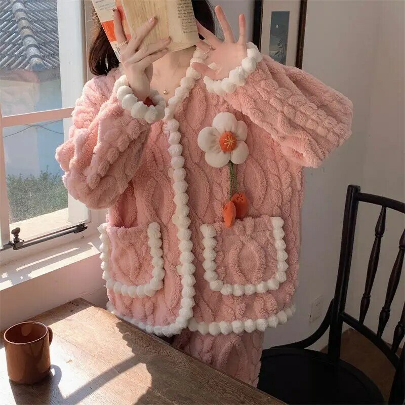 Autumn and Winter New Sleepwear Women Coral Velvet Thick Warm Cardigan Set Small Fragrance Can Be Worn Outside Loungewear Pajama