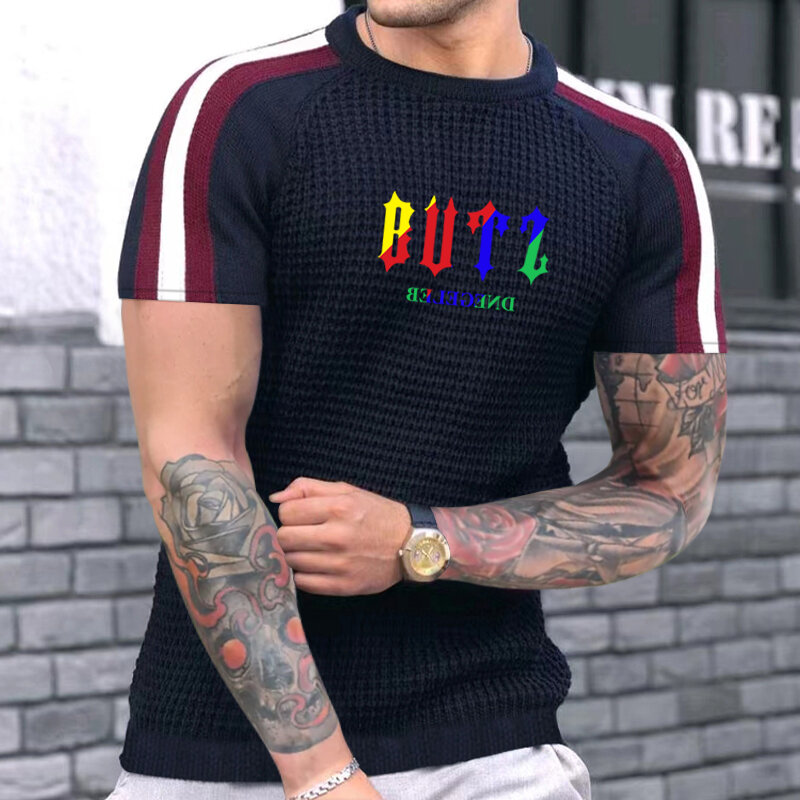 Men's Summer Best-selling Waffle Round Neck Brand T-shirt Men's Trend Color Matching High-quality Knitted Short-sleeved Top