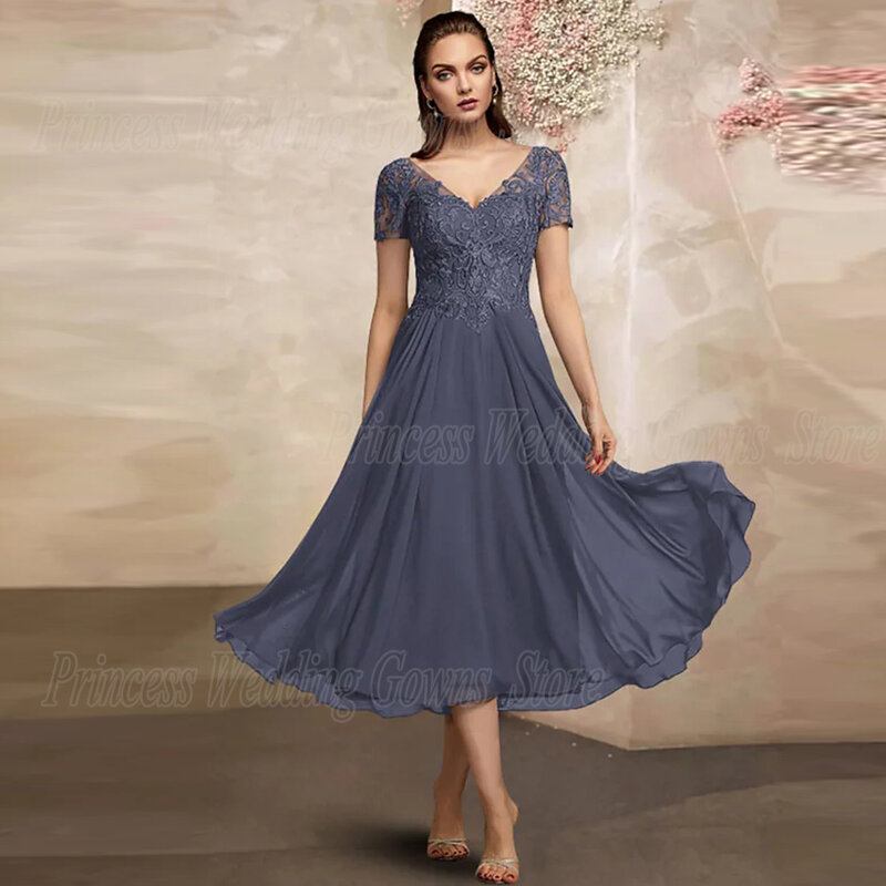 Женское шифоновое платье для матери невесты, винтажное ТРАПЕЦИЕВИДНОЕ ПЛАТЬЕ с длинными рукавами и кружевами, простого фасона на лето