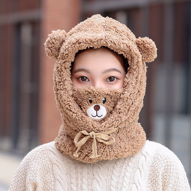 Hat Turn Towel One Women Plush Thickened Cute Bear Plush Lamb Cashmere Cold Proof Student Girl Ear Mask Winter Warm Khaki