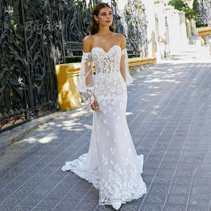 Elegante vestido de noiva sereia feminino, querida branca, aplique de renda, manga comprida, costas abertas, vestido de noiva, trem