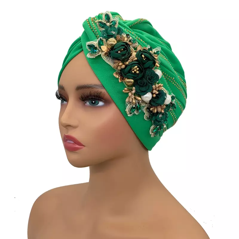 Diamonds Flower African Head Wraps Nigeria Wedding Party Headpiece Twisted Headsarf Hat 2024 Fashion Women's Turban Cap