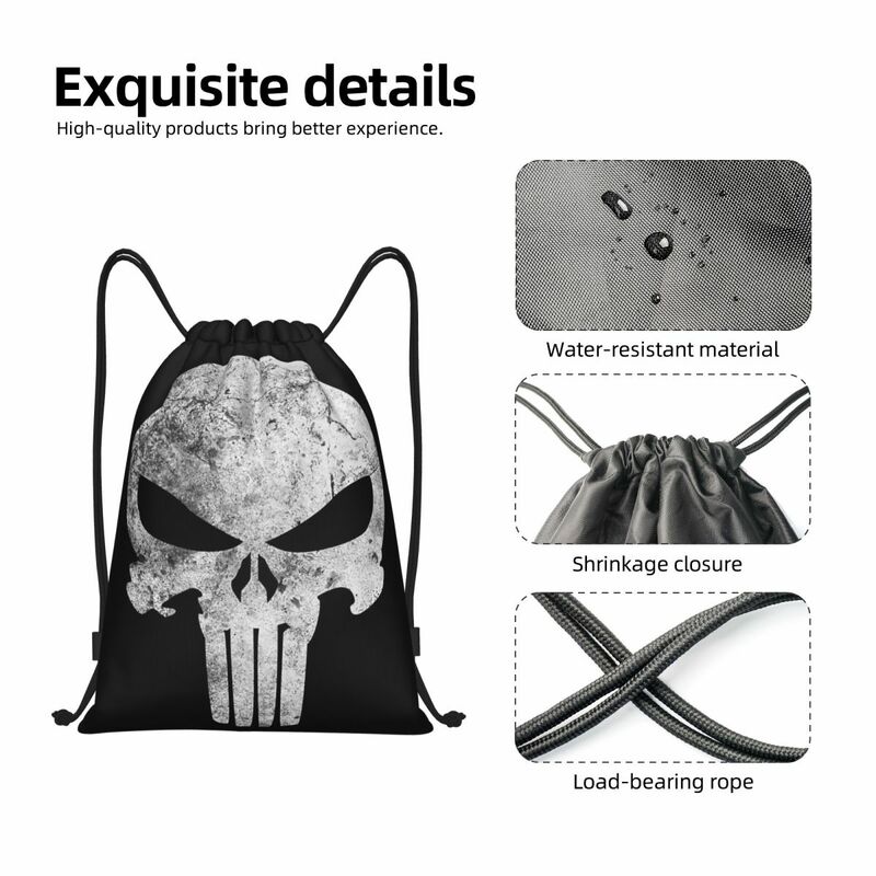 Custom Punisher Skull Drawstring Bag Women Men Lightweight Sports Gym Storage Backpack