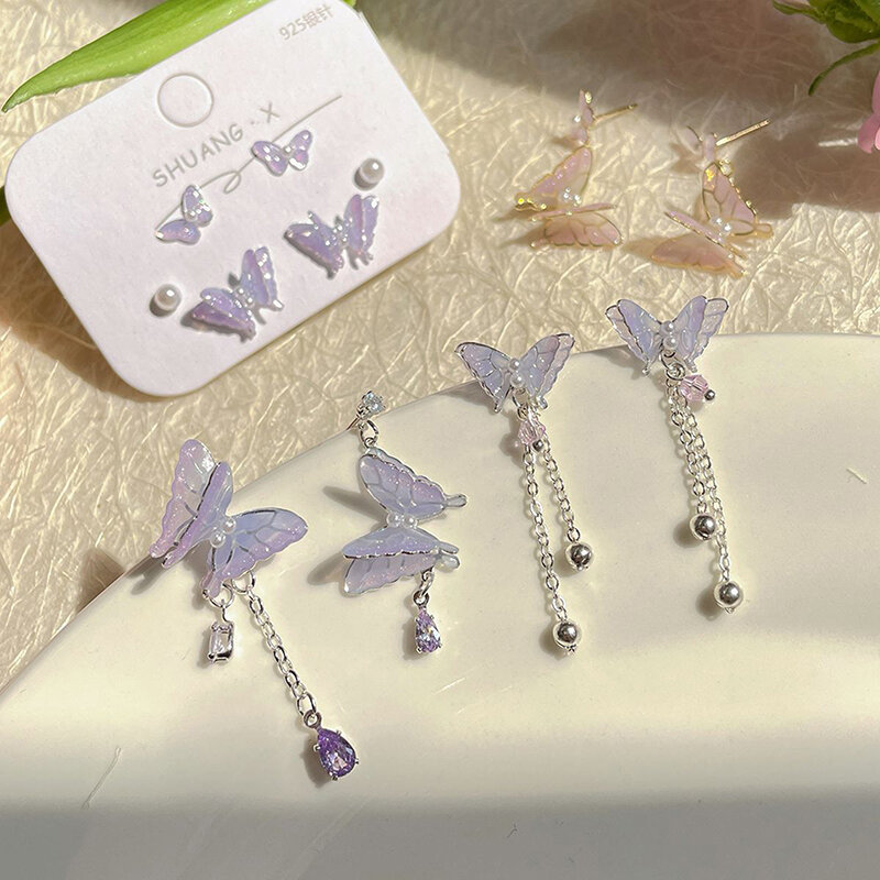 Eleganti orecchini asimmetrici con nappe orecchini pendenti con nappe a catena a farfalla Chic per le donne orecchini a farfalla sfumati per ragazze regali