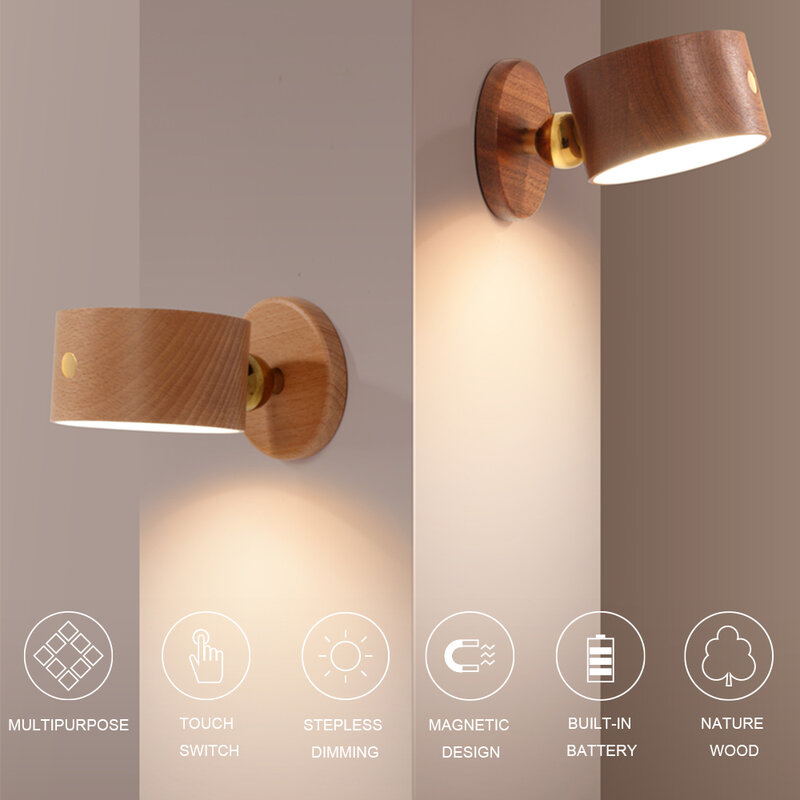 Magnetic Body Sensing LED Wall Lamp, Carregamento USB, madeira maciça, sem perfuração, sem fiação