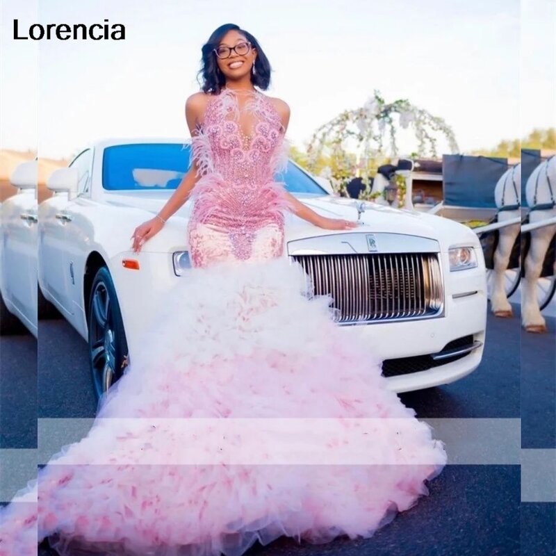 Lorencia Glitter Pink Feather Sequin Mermaid Prom Dress For Black Girls Bead Rhinestones Ruffles Party Gown Robe De Soiree YPD88