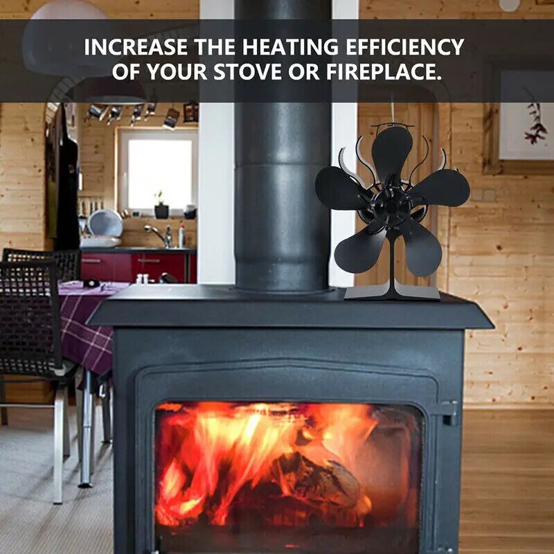 Calor alimentado fogão ventilador para madeira, queimador de log, silencioso, ambiental, aquecedor ferramenta, distribuição de calor eficiente, 5 lâminas