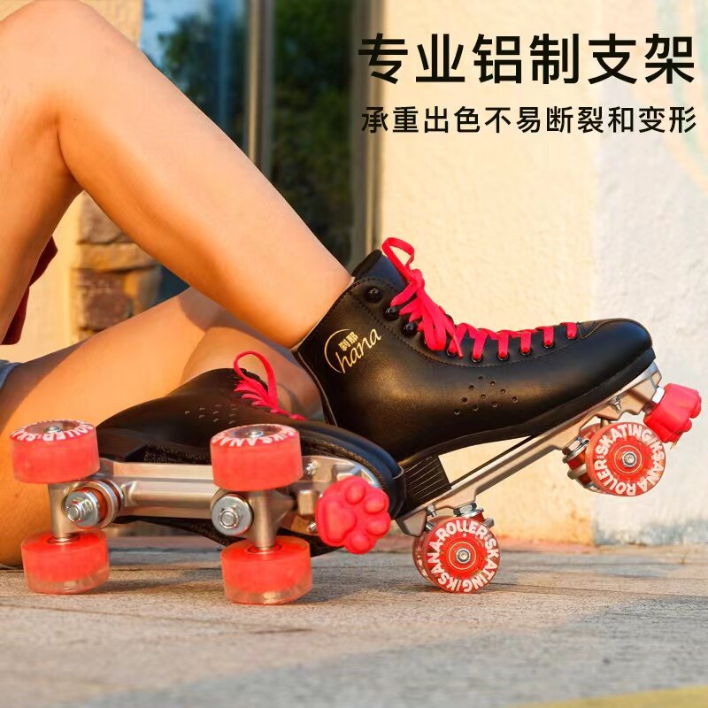 Double Row Roller Skates For Men and Women Microfiber Leather Four-Wheel Sliding Inline Quad Skating Sneakers Training 