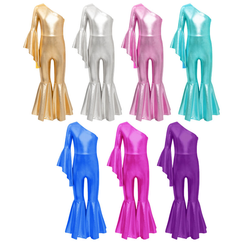 Children Girls Jazz Modern Dance Performance Costumes Metallic Shiny Full Bodysuit One Shoulder Sleeve Jumpsuit with Zip Dresses