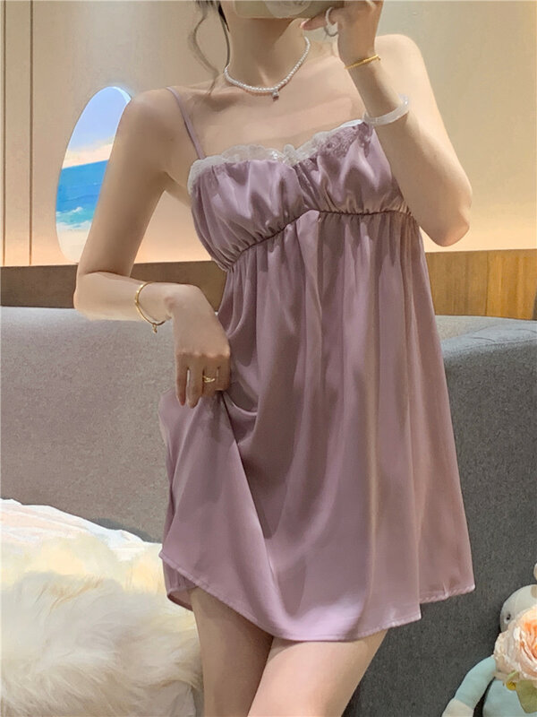 여름 스위트 솔리드 컬러 코트 스타일 섹시한 순수한 욕망, 아이스 실크 나이트 드레스, 홈 원피스 잠옷 레이디