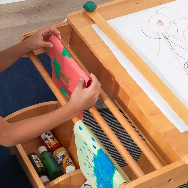 Mesa de arte de madera con estante de secado y contenedores de almacenamiento, juego de mesa y silla para niños, muebles para niños, Natural