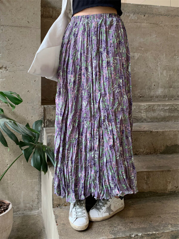 Benuynffy rok sifon lipat motif bunga untuk wanita, rok panjang Boho A Line manis pinggang elastis tinggi ungu 2024 musim panas untuk wanita