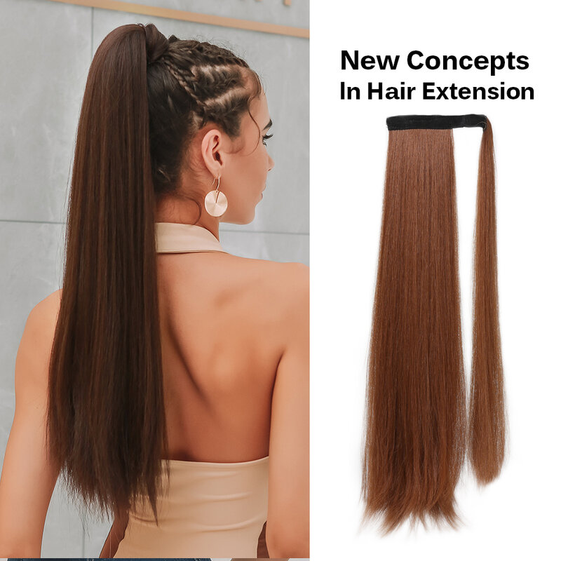 Synthetic Ponytail Hair Long Straight Ponytail Wrap Around Clip in Hair Extensions Copper Brown Natural Hairpiece for Women