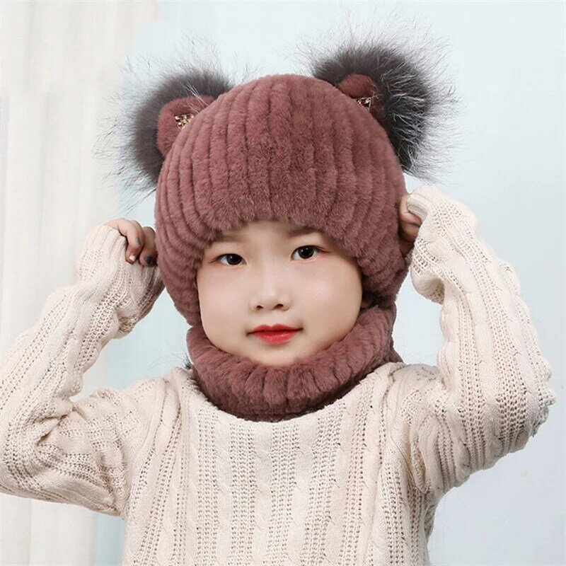 Topi bulu kelinci Rex untuk anak laki-laki dan perempuan, topi syal telinga rajut hangat dipertebal musim dingin untuk anak-anak