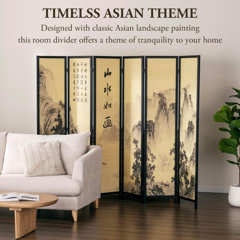 Divisor de habitación plegable decorativo, pantalla de bambú con diseño de caligrafía china, obra de arte Floral independiente, 4 paneles