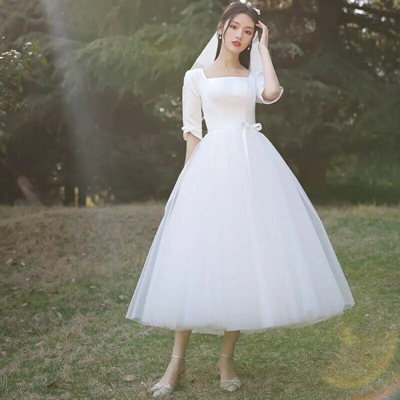 Gaun pernikahan Satin putih untuk pengantin wanita, gaun malam Formal jaring elegan sederhana gaya Hepburn Super peri musim panas