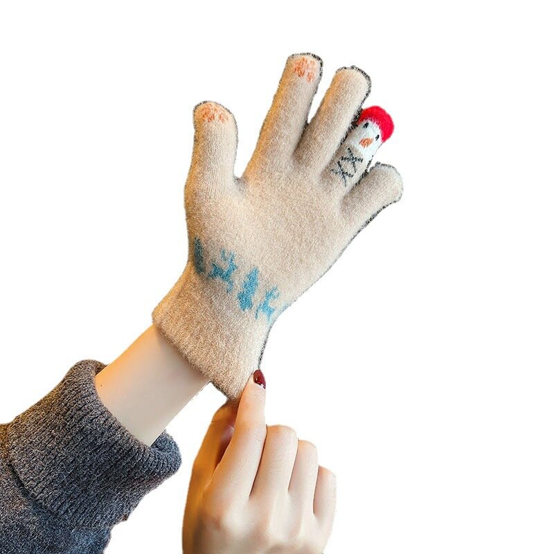 Kawaii Boże Narodzenie dzianinowe wełniane rękawiczki zimowe ciepłe rękawiczki termiczne dla kobiet śliczne modne bałwanki rękawice z pięcioma palcami
