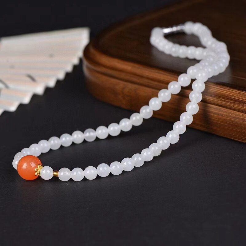 White Golden Silk Jade Necklace Natural Stone Round Bead Chain Exquisite Womens Gemstone Charms Jewelry Mother's Day Gifts