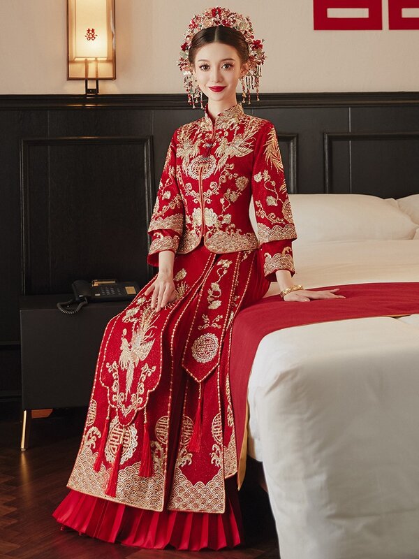 Qipao de estilo chino para novio, exquisito vestido bordado de dragón y Fénix para fiesta y boda, ropa de tostada, 2023