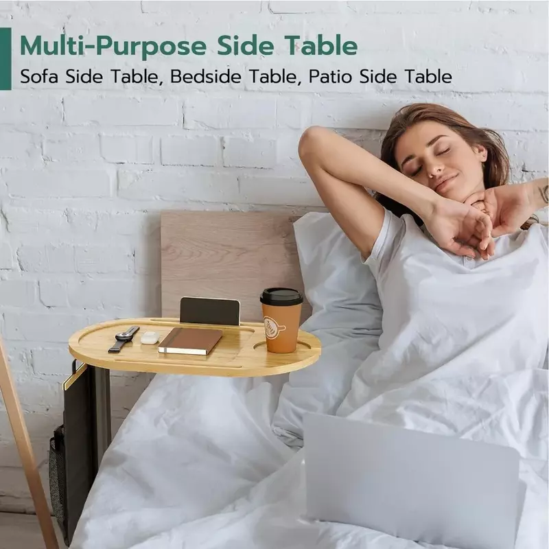 Mesa auxiliar para sofá con alturas ajustables, bandeja de bambú para sofá con bolsillo de almacenamiento, mesa de bandeja de brazo elevable