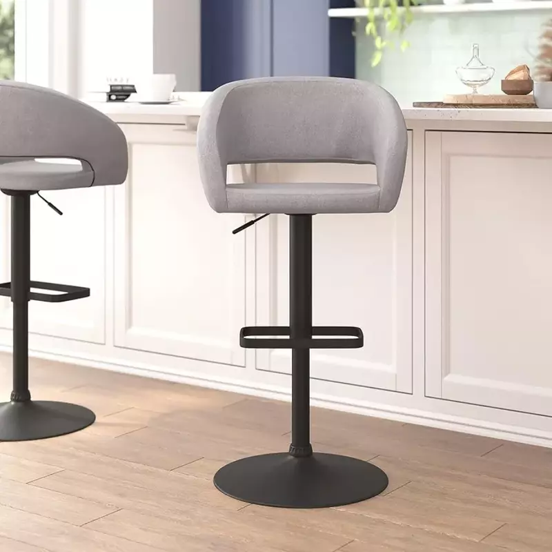 Comfortable and stylish modern bar stool with round middle backrest and footrest, height adjustable - grey fabric, black base