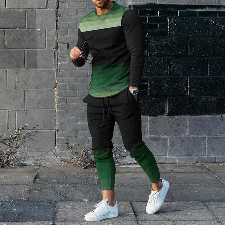 Camisetas y pantalones de manga larga para hombre, conjunto de dos piezas con estampado 3D de geometría Retro, traje informal