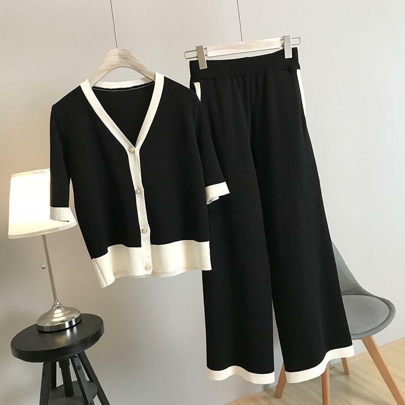 Conjunto de pijama de punto de dos piezas para mujer, cárdigan + pantalón de pierna ancha, traje de Casa coreano de manga corta, chándal de retazos, otoño