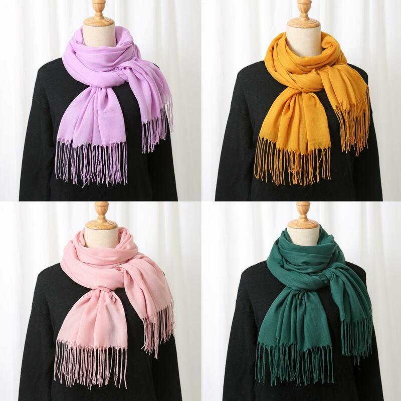 Женский утепленный длинный ветрозащитный шарф с кисточками, однотонный сохраняющий тепло, имитация кашемира, Женская осенне-зимняя модель