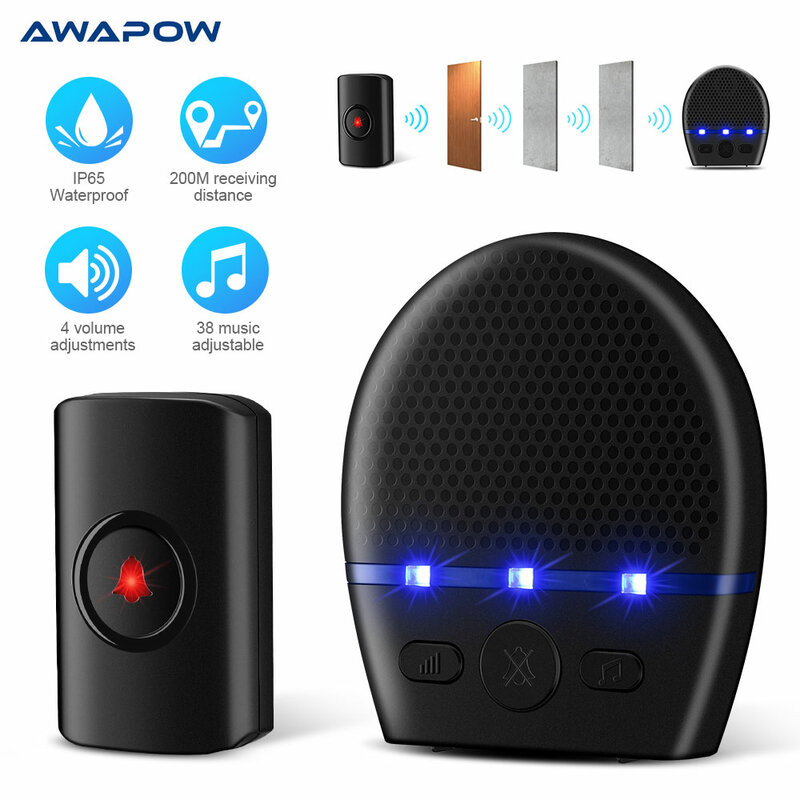 Awapow-Outdoor Smart Campainha Sem Fio, 110dB, IP65 Impermeável, 300m Longa Distância, Door Chimes, Alarme de Segurança, 38 Canções