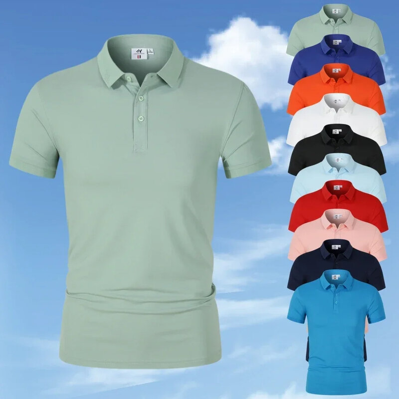Camiseta de malha manga curta masculina, camisa polo casual, decoração perfurado, respirável, gola alta, moda verão