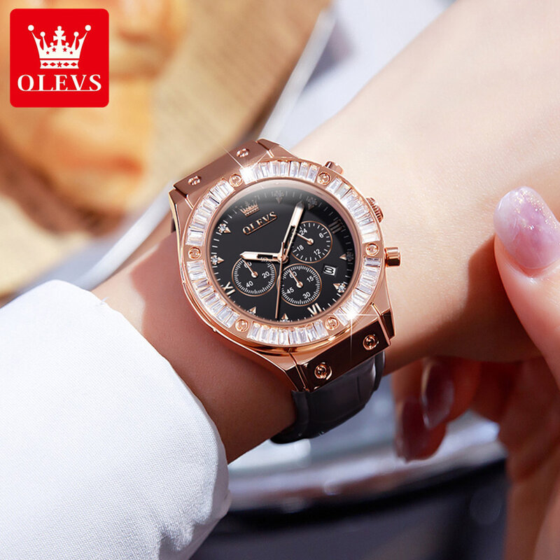 OLEVS Brand Luxury Chronograph Quartz Watch for Women Leather Strap Waterproof Luminous Calendar Fashion Crystal Watches Womens