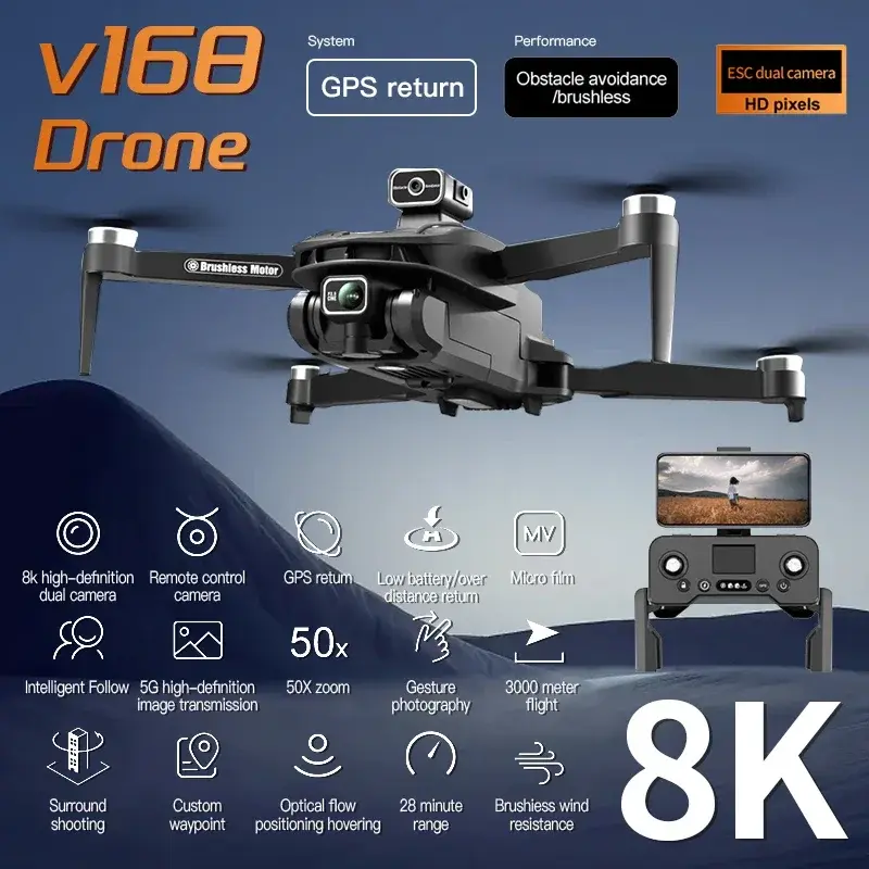 V168 Drone 8K 5G Gps Borstelloze Professionele Hd-Luchtfotografie Dubbele Camera 360 ° All-Raid Obstakel Vermijden Opvouwbare Drone