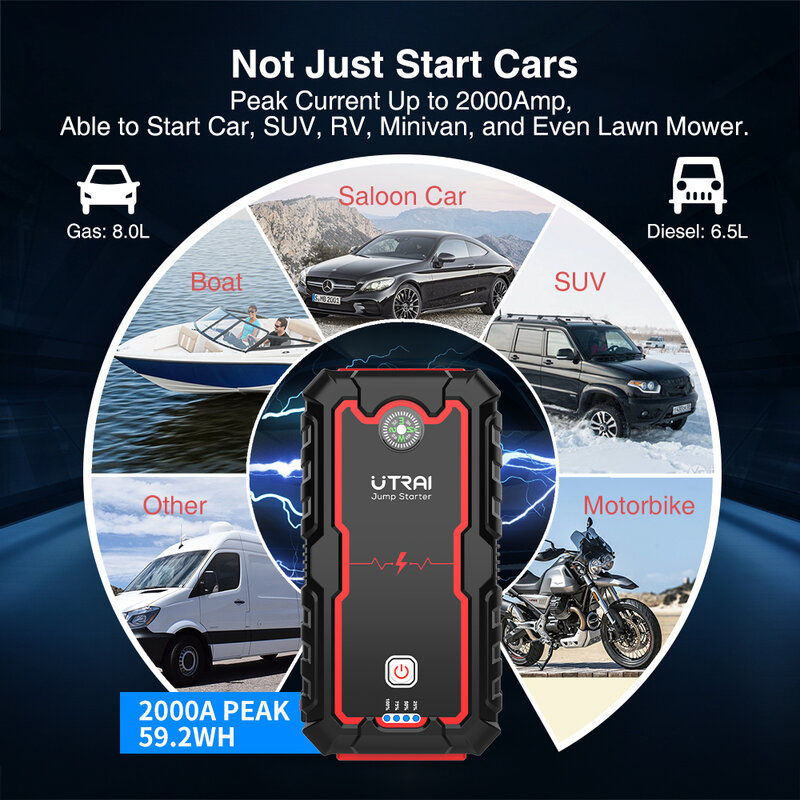 UTRAI-Démarreur de batterie de voiture d'urgence pour diabétique, chargeur portable, dispositif de démarrage, 8,0 L, 6,0 L, 2000A