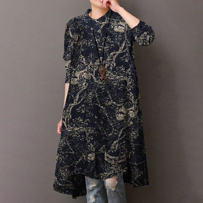 Vestido camisero Vintage para mujer, ropa informal de manga larga con botones, cuello vuelto, Irregular, bata de gran tamaño