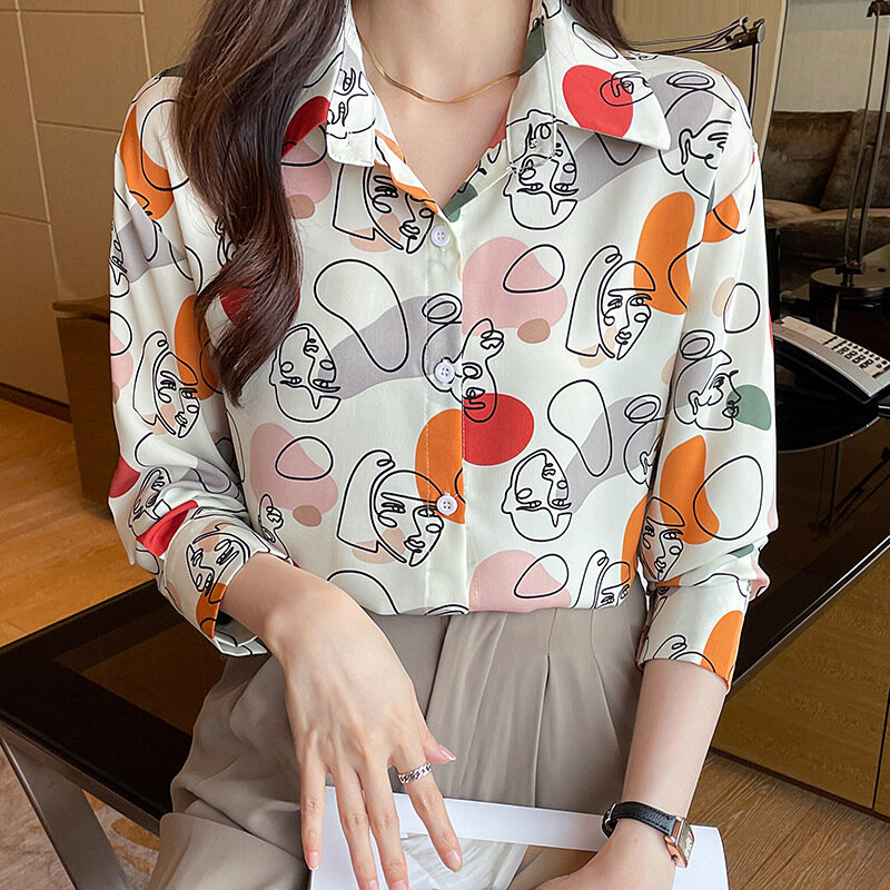 Blus lengan panjang baru untuk wanita kemeja kantor atasan kasual musim semi elegan blus kerja Pring kartun blus wanita