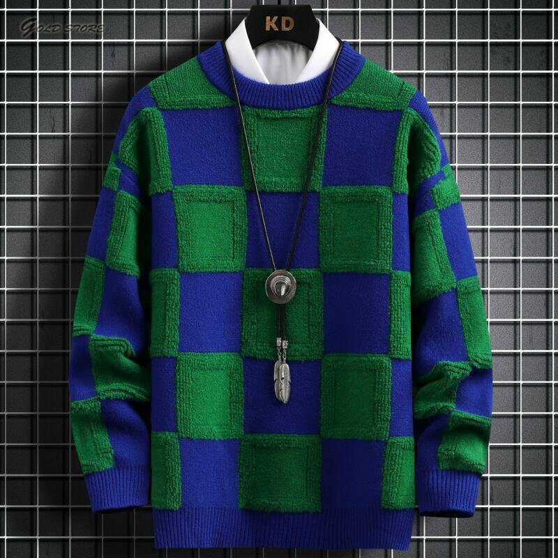 New Fall Winter Korean Style Mens Pullovers Sweaters High Quality Thick Warm Cashmere Sweater Men Luxury Plaid Pull Homme
