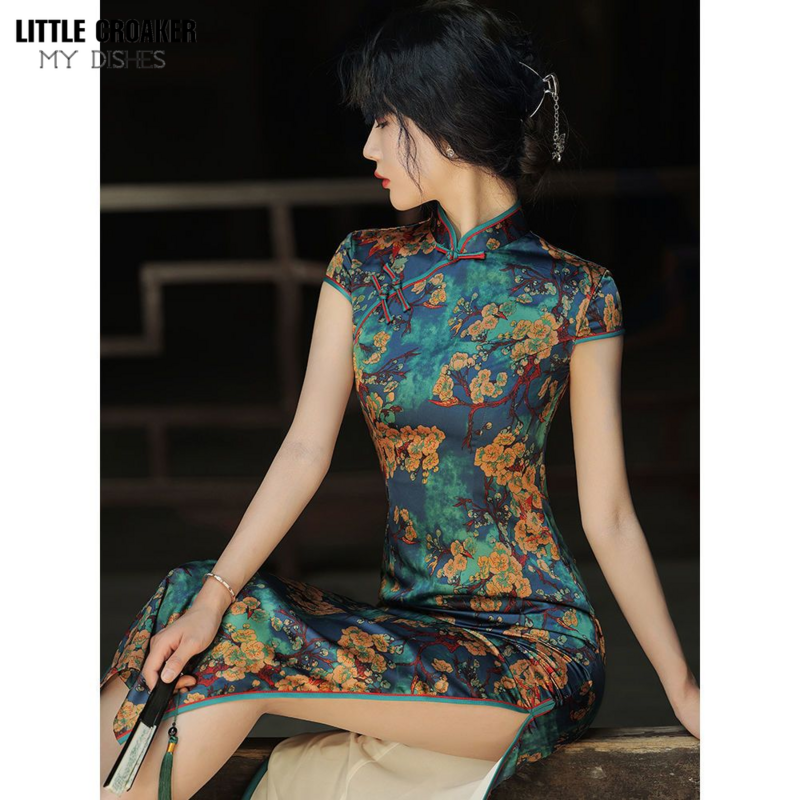 Women Qipao Cheongsam Modified Dress Chinese Young Girl 2023 New Retro Chinoiserie Long Style Catwalk Elegant Girl